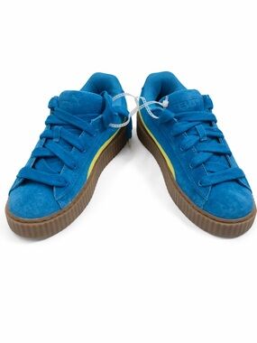 Puma Kids Blue Suede Sneakers with Yellow Stripe and Gum Sole